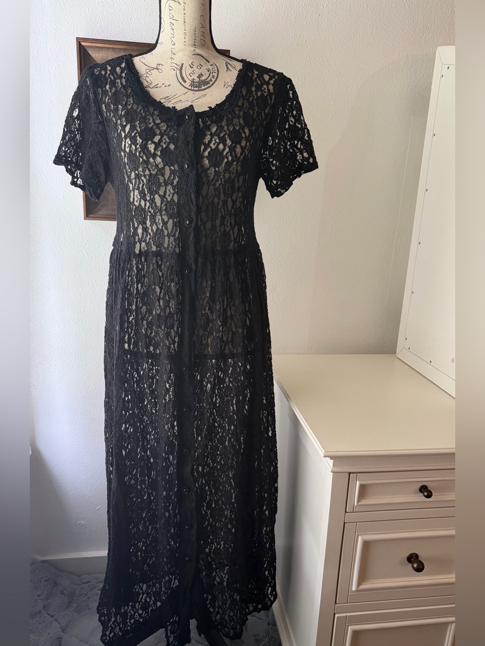 Black Lace Button-Front Maxi Dress